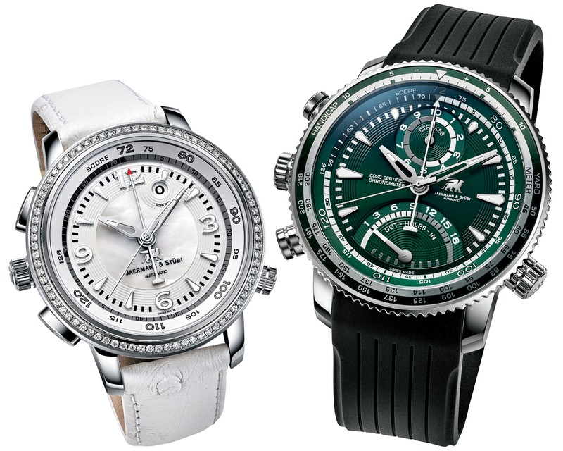 ▲ 右●「トランス アトランティック TA3」自動巻き、SSケース（44㎜）、ラバーストラップ。10気圧防水。109万7800円、左●「クイーン オブ ゴルフ QG2」自動巻き、SS×ダイヤモンドケース（38mm）、オーストリッチレザーストラップ。5気圧防水。129万8000円／ともにヤーマン＆ストゥービ（ミスズ）