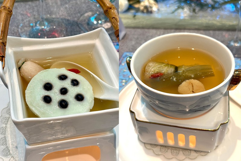 左・魚の身を蓮に見立てています。右・干し鰻と白菜のスープ。